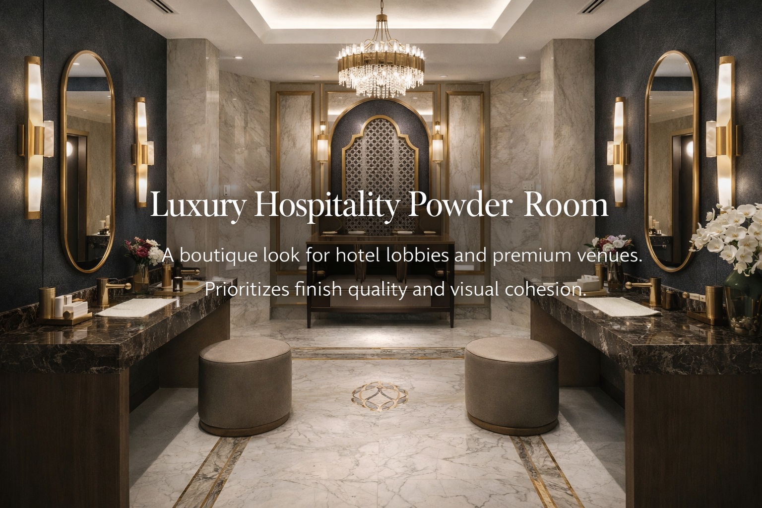 Luxury hospitality powder room concept with brushed gold touchless fixtures